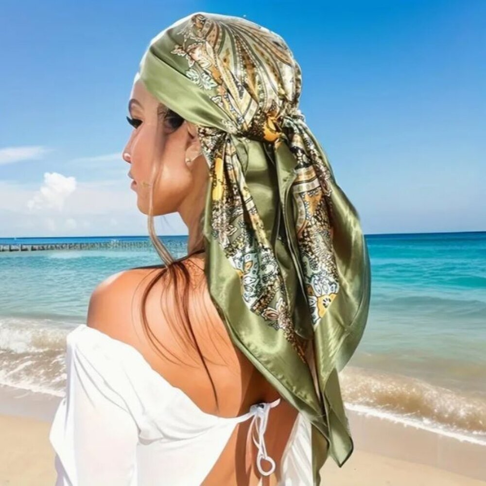 NEW Olive Green and Gold Paisley Boho Square Silky Scarf